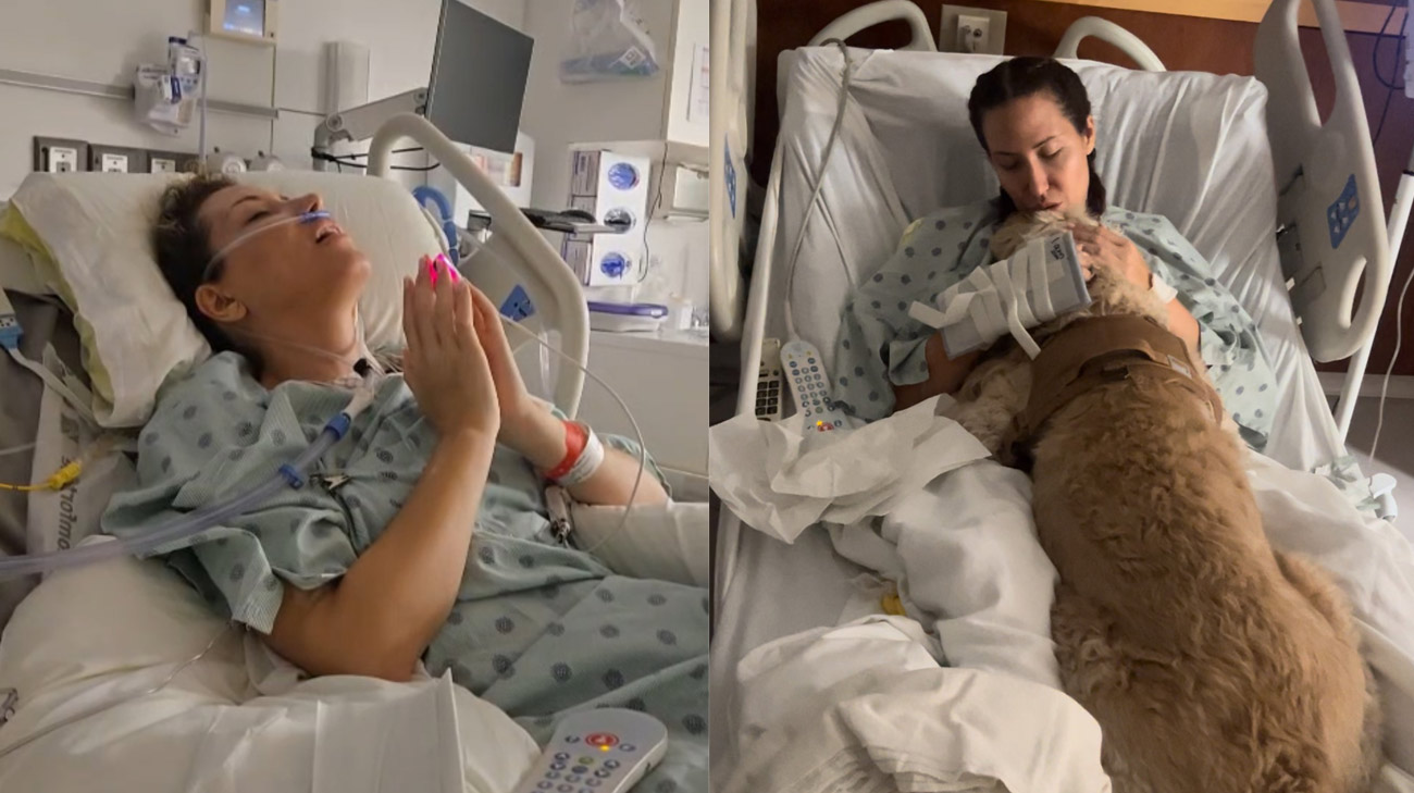 Migdalia Rodriguez praying in hospital bed (left) Migdalia Rodriguez comforted by her dog in hospital bed (right)