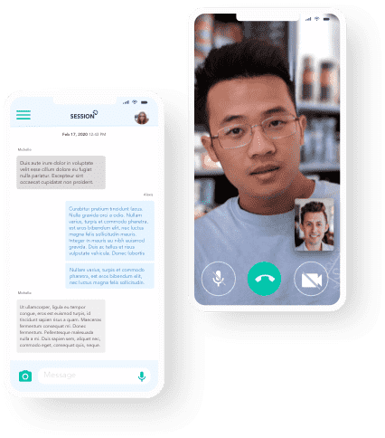 Phone with a man using video chat and phone with a chat conversation Phone with a man using video chat and phone with a chat conversation