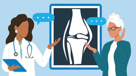 A doctor and a patient have a conversation in front of an enlarged X-ray image of a joint