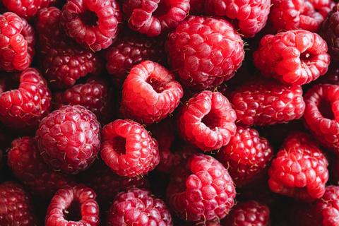 A pile of raspberries up close and viewed from the top down