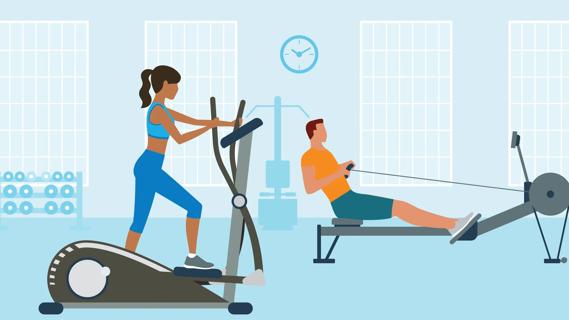 People exercising in gym on elliptical and rowing machine